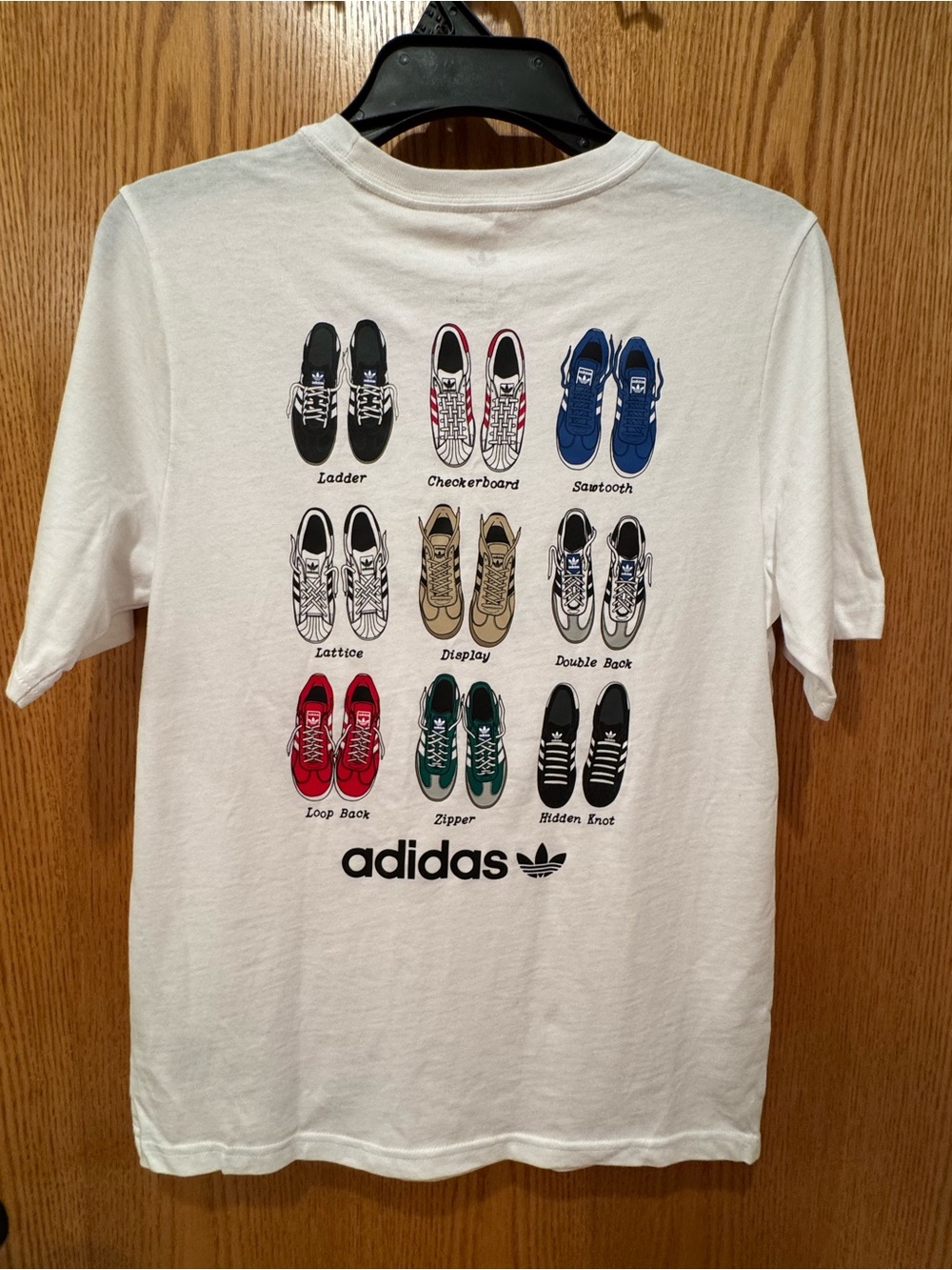 adidas White T-Shirt with Black Trefoil and Sneaker Print - Boy Size L. - Picture 4 of 5